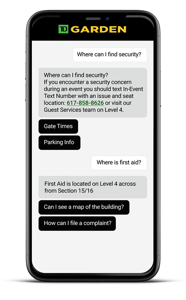 TD Garden automated virtual assistant AI Displaying in a mobile device