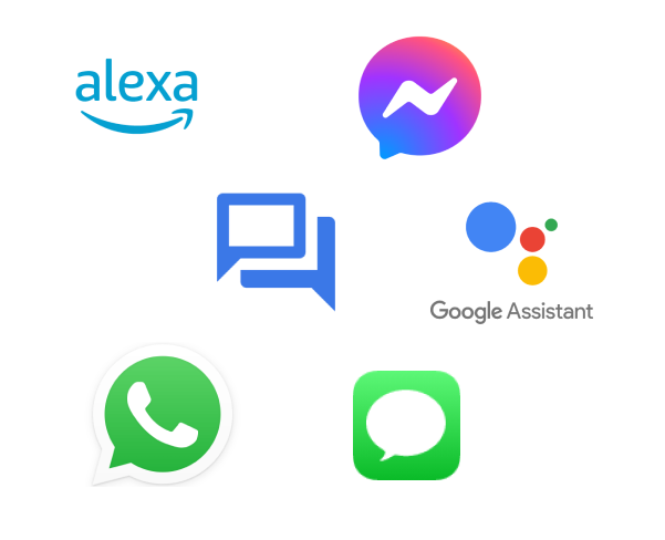 Logos of multiple media sites. alexa, Facebook Messenger, Google Assistant, WhatsApp and Messages